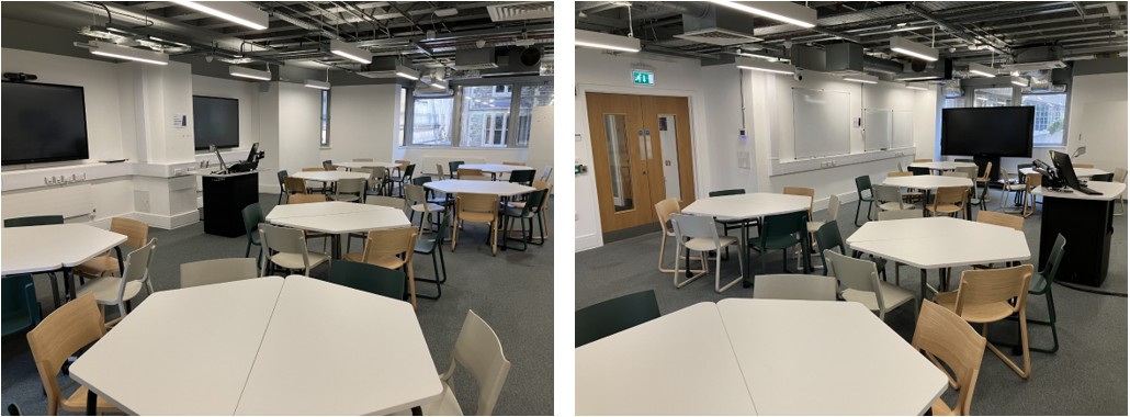 Classroom with tables and chairs set up for active learning.